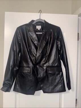 Nine West Black Double-Breasted Faux Leather Blazer